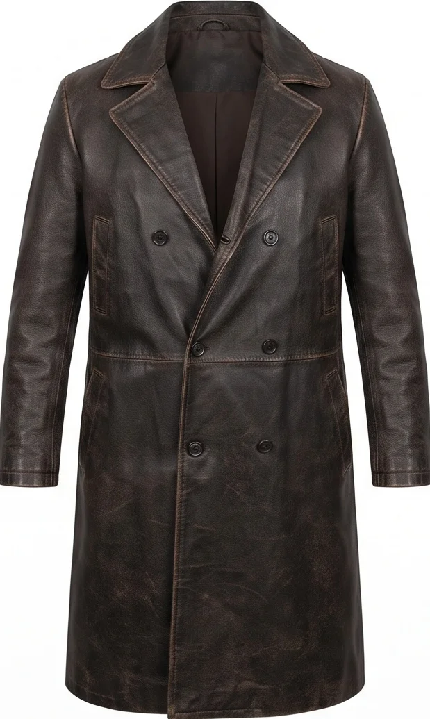 Peaky Blinders Arthur Shelby Style Men's Long Leather Overcoat - Image 8