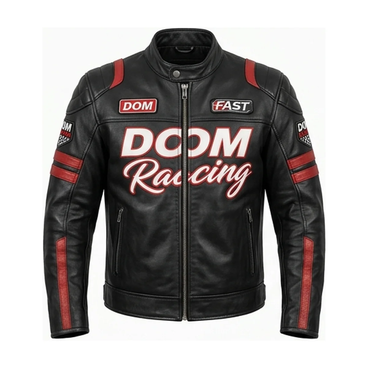 Men's Dom Racing Black & Red Genuine Leather Biker Jacket - Image 2
