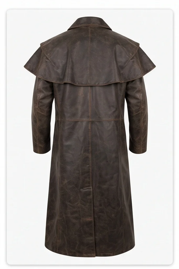 Men's Vintage Distressed Brown Leather Duster Coat with Shoulder Cape - Image 3