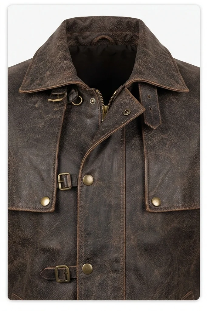 Men's Vintage Distressed Brown Leather Duster Coat with Shoulder Cape - Image 5