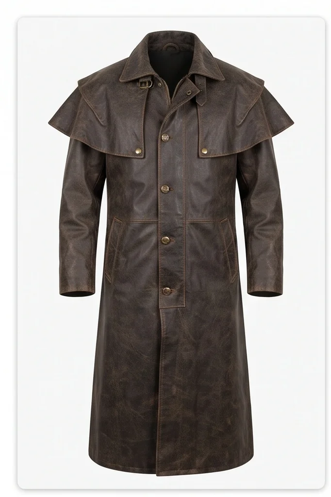 Men's Vintage Distressed Brown Leather Duster Coat with Shoulder Cape - Image 2