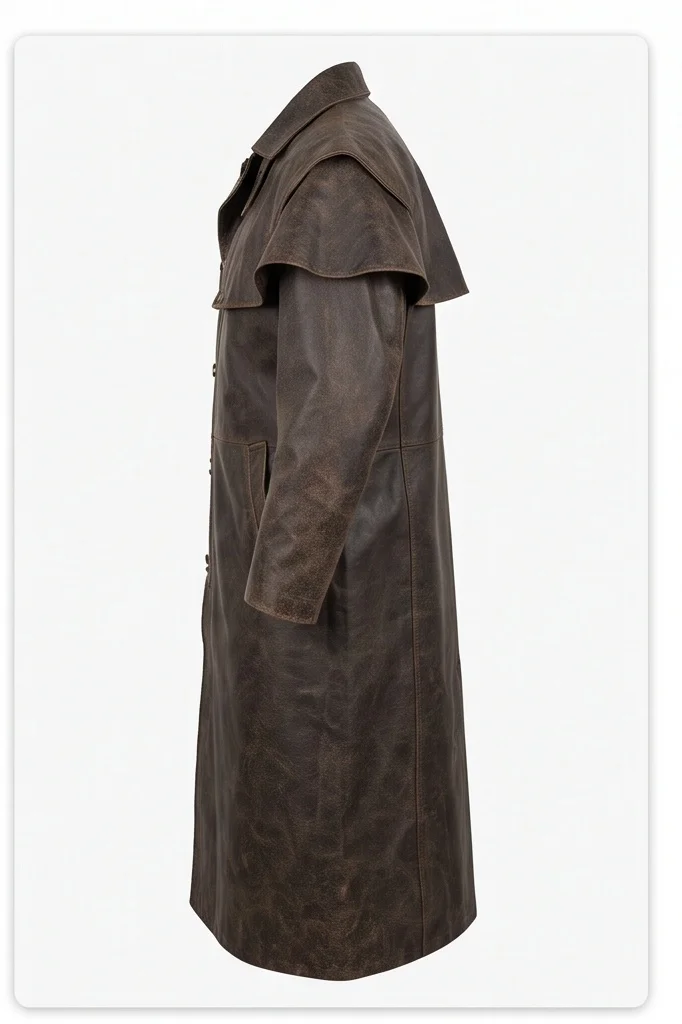 Men's Vintage Distressed Brown Leather Duster Coat with Shoulder Cape - Image 4