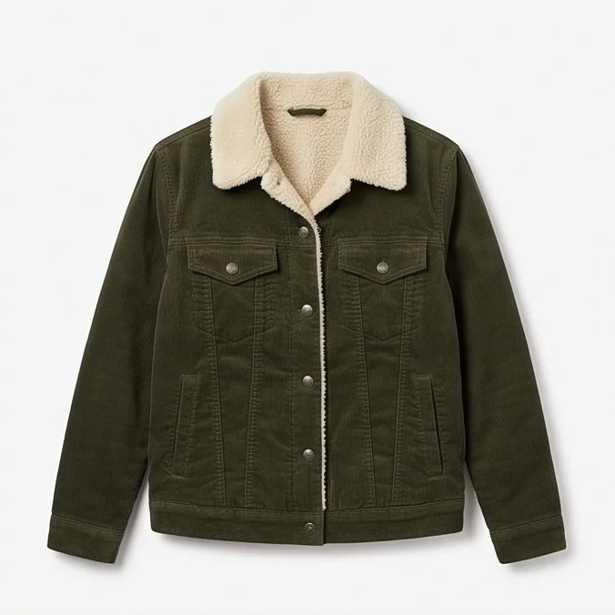 Women’s Olive Green Corduroy Shearling Trucker Jacket - Image 2