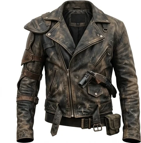 Men's Distressed Brown Leather Wasteland Rider Jacket with Shoulder Armor - Image 2
