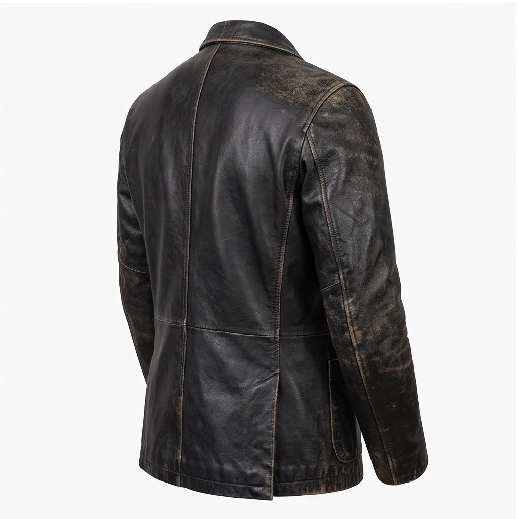 Men’s Vintage Distressed Black Leather Blazer Coat - Image 3