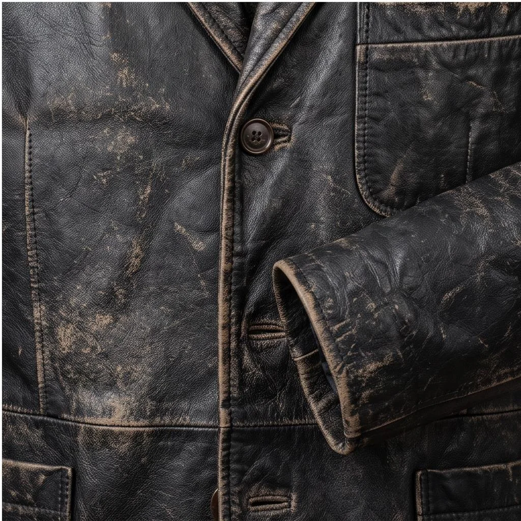 Men’s Vintage Distressed Black Leather Blazer Coat - Image 2