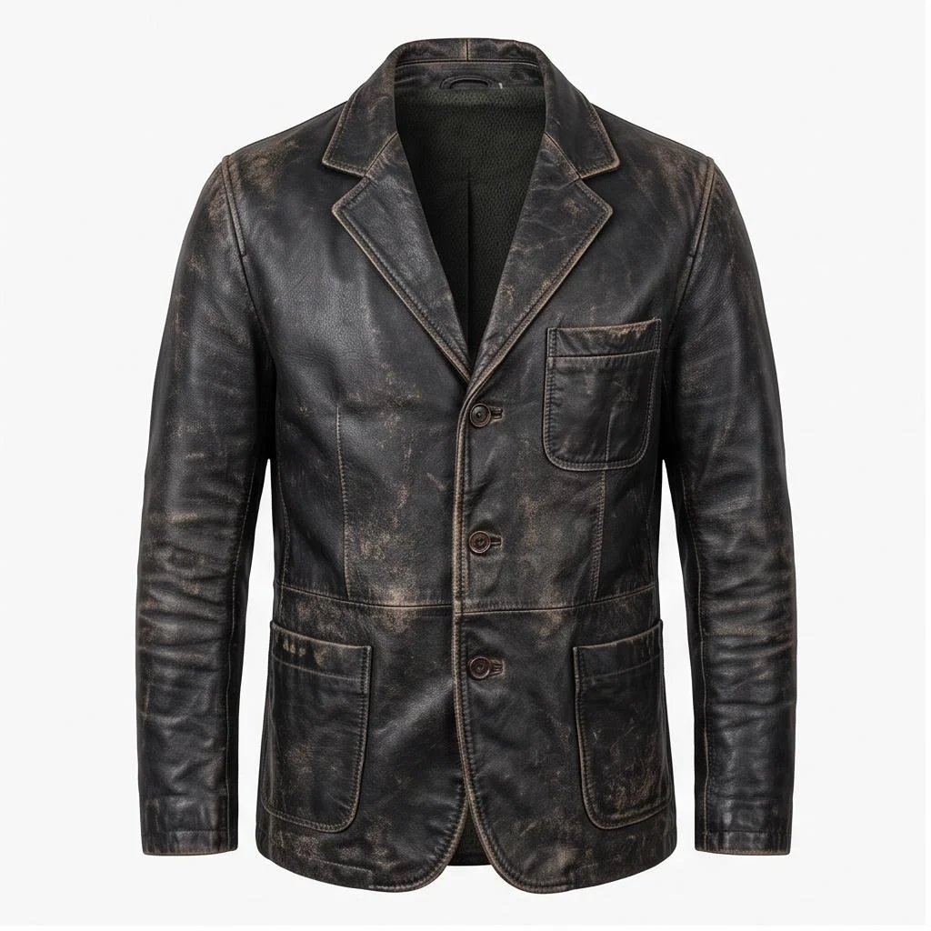 Men’s Vintage Distressed Black Leather Blazer Coat - Image 5