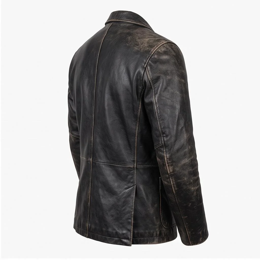 Men’s Vintage Distressed Black Leather Blazer Coat - Image 4
