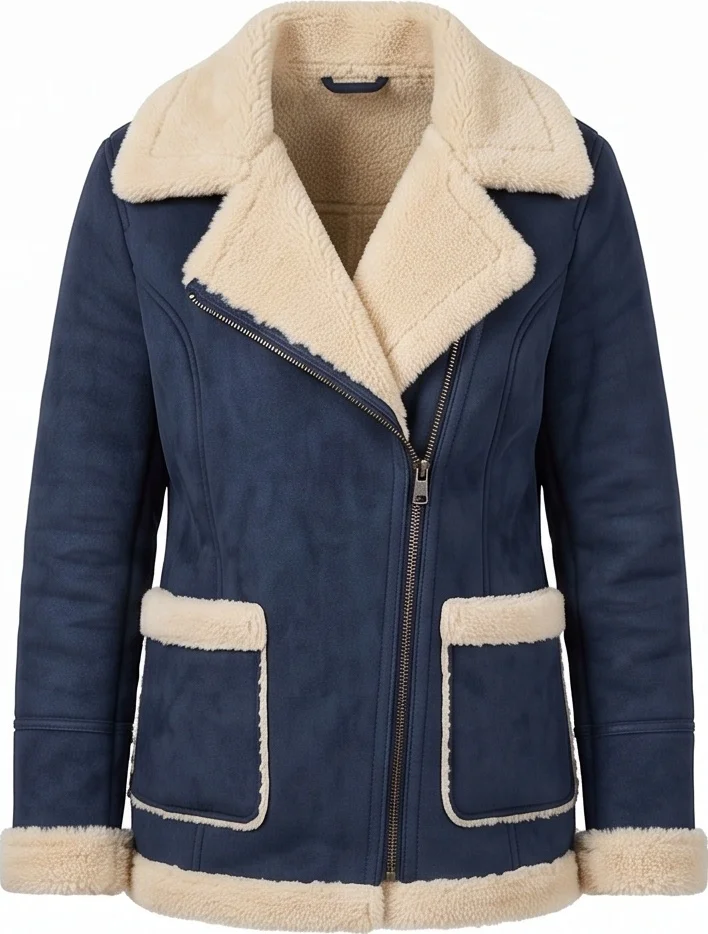 Women’s Blue Double-Sided Faux Shearling Aviator Jacket - Image 3