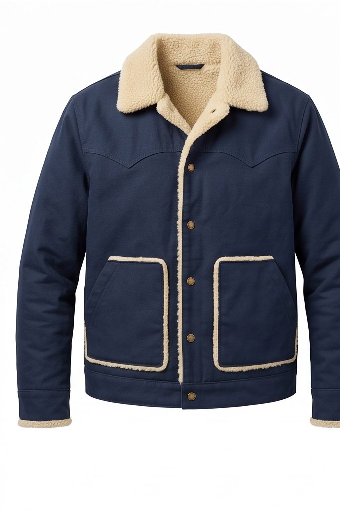 Men's Navy Canvas Shearling Western Jacket - Image 6