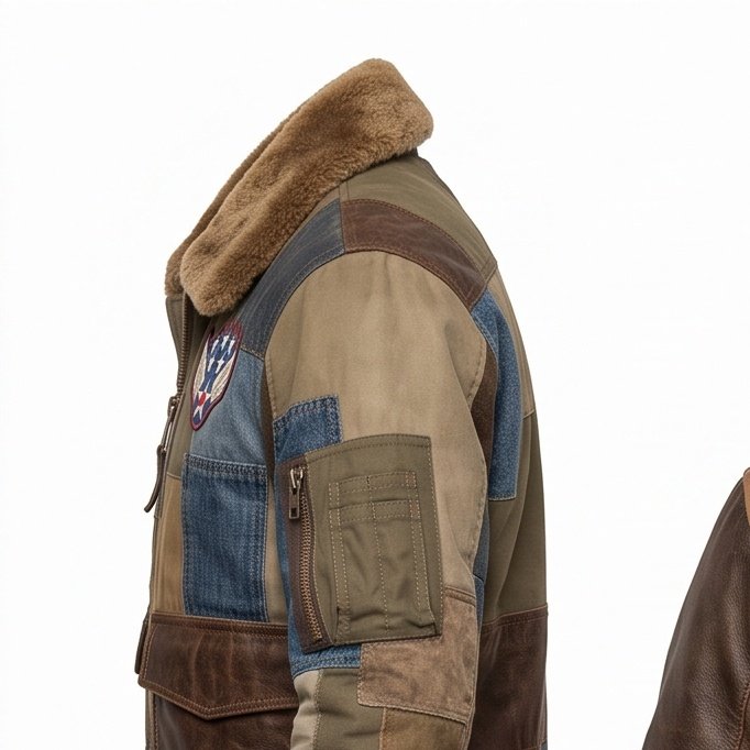 Men's Patchwork Flight Bomber Jacket with Shearling Collar - Image 6