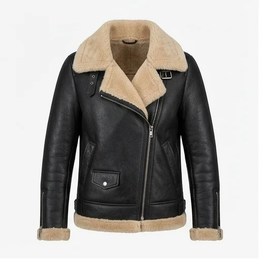 Women's Black Leather Shearling Moto Jacket - Image 2