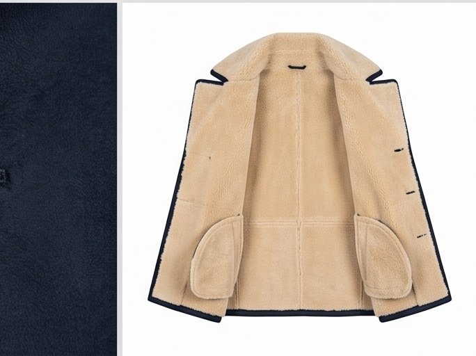 Navy Blue Shearling Lined Double-Breasted Peacoat for Men - Image 2