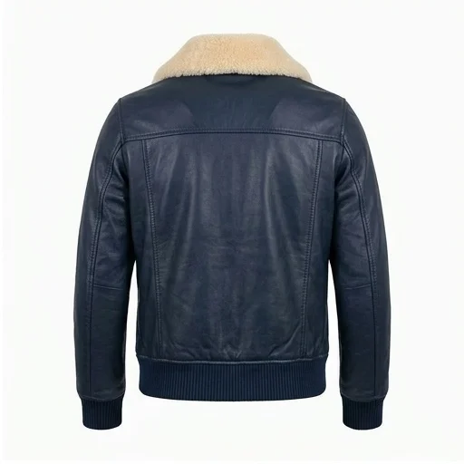 Women’s Navy Blue Aviator Leather Jacket with Shearling Collar - Image 3