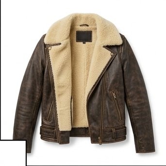 Women's Distressed Brown Shearling Collar Biker Jacket - Image 7