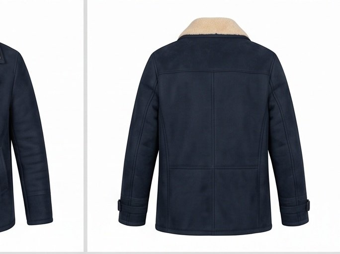Navy Blue Shearling Lined Double-Breasted Peacoat for Men - Image 6