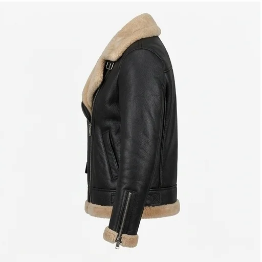 Women's Black Leather Shearling Moto Jacket - Image 4