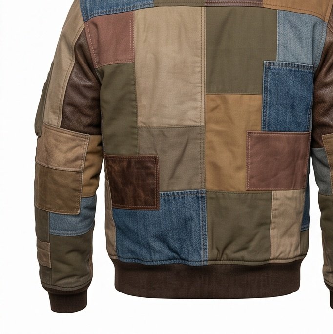 Men's Patchwork Flight Bomber Jacket with Shearling Collar - Image 3
