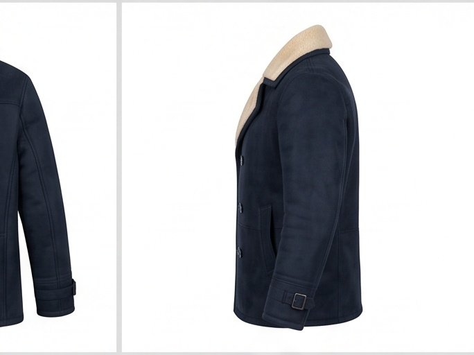 Navy Blue Shearling Lined Double-Breasted Peacoat for Men - Image 4