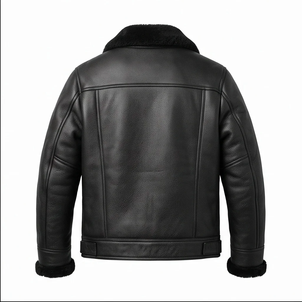 Men’s Black Leather Shearling Trucker Jacket with Belt - Image 2