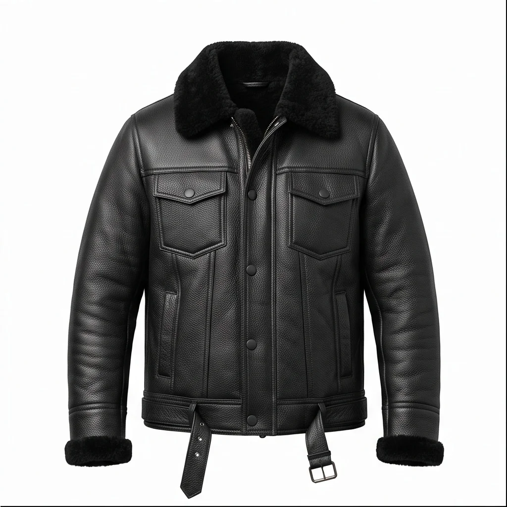 Men’s Black Leather Shearling Trucker Jacket with Belt - Image 3