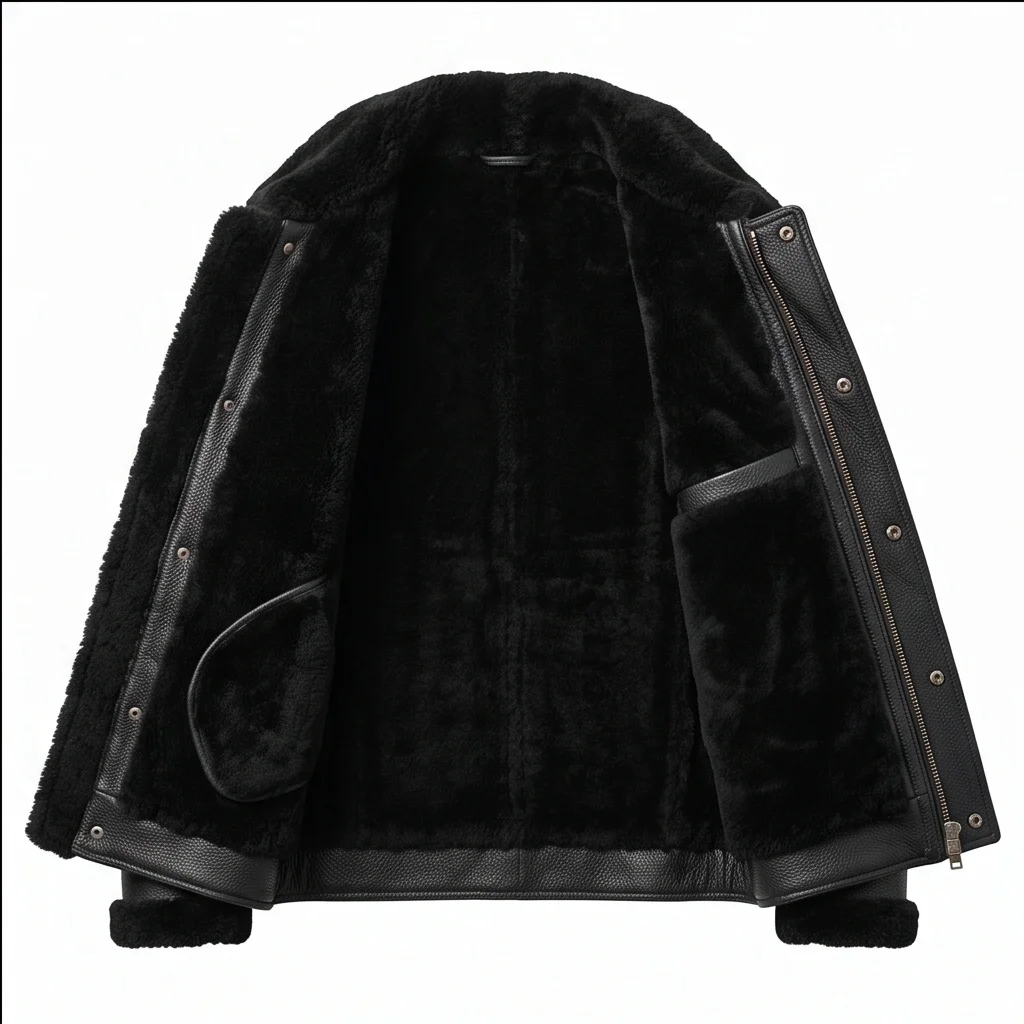 Men’s Black Leather Shearling Trucker Jacket with Belt - Image 4