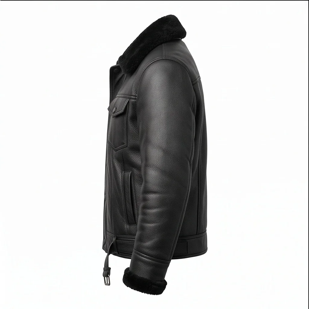 Men’s Black Leather Shearling Trucker Jacket with Belt - Image 5