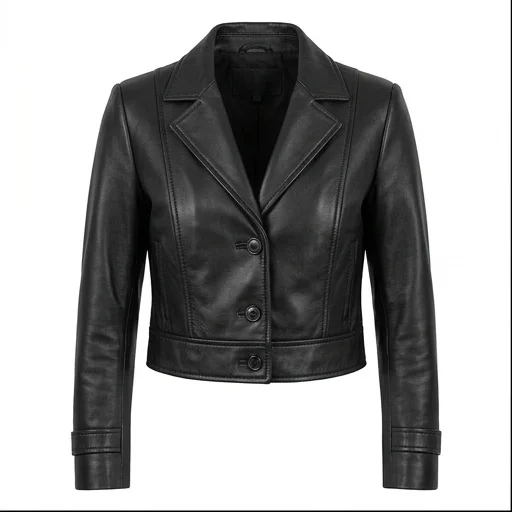 Women's Black Cropped Leather Blazer Jacket - Image 2