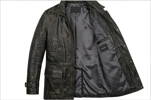 Men's Distressed Black Long Leather Trench Coat - Image 6