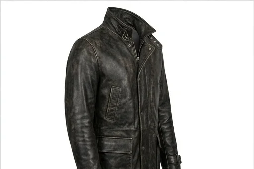 Men's Distressed Black Long Leather Trench Coat - Image 4