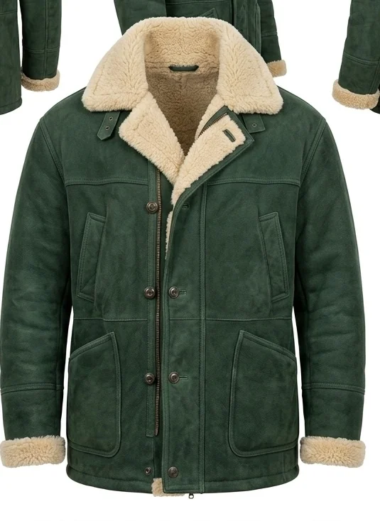 Men’s Forest Green Oversized Shearling Suede Coat - Image 4