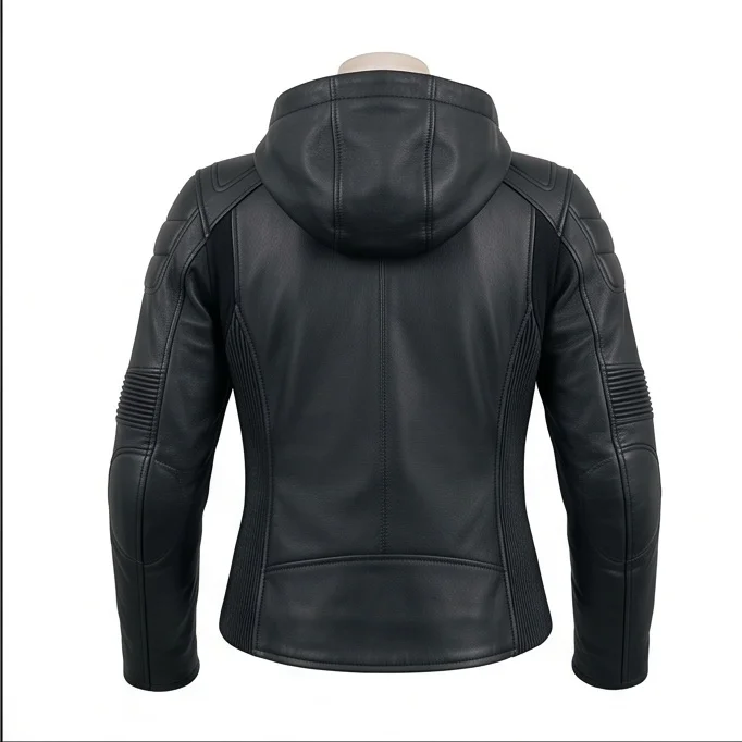 Women’s Black Hooded Racing Leather Jacket - Image 3
