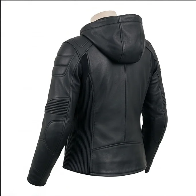 Women’s Black Hooded Racing Leather Jacket - Image 6