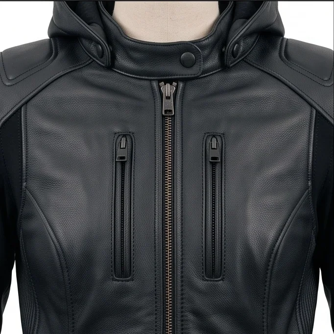 Women’s Black Hooded Racing Leather Jacket - Image 4