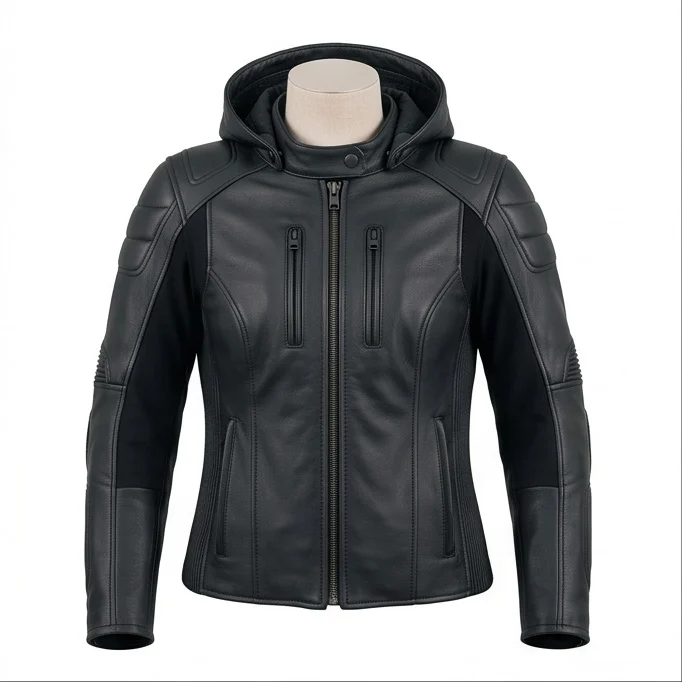 Women’s Black Hooded Racing Leather Jacket - Image 2