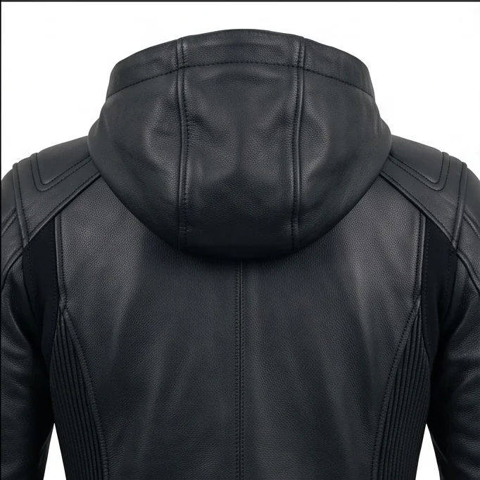 Women’s Black Hooded Racing Leather Jacket - Image 5