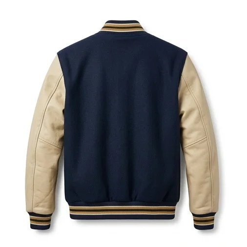Women's Vintage Navy Blue & Distressed Cream Leather Varsity Jacket - Image 3