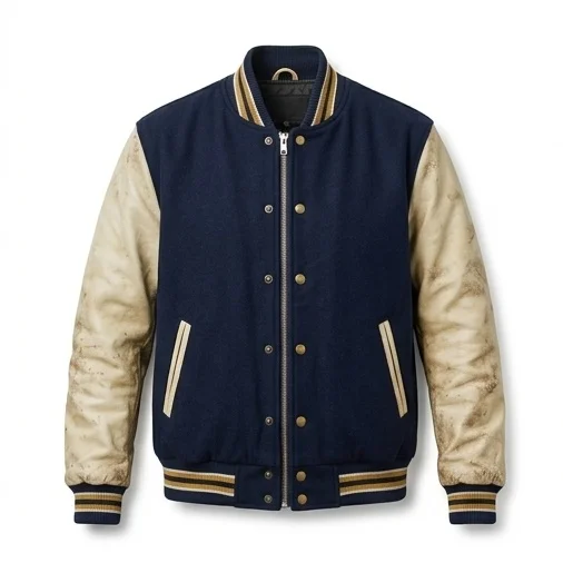 Women's Vintage Navy Blue & Distressed Cream Leather Varsity Jacket - Image 2