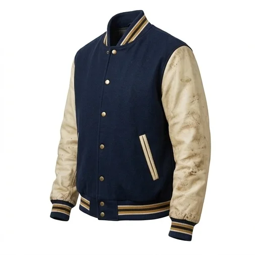 Women's Vintage Navy Blue & Distressed Cream Leather Varsity Jacket - Image 4