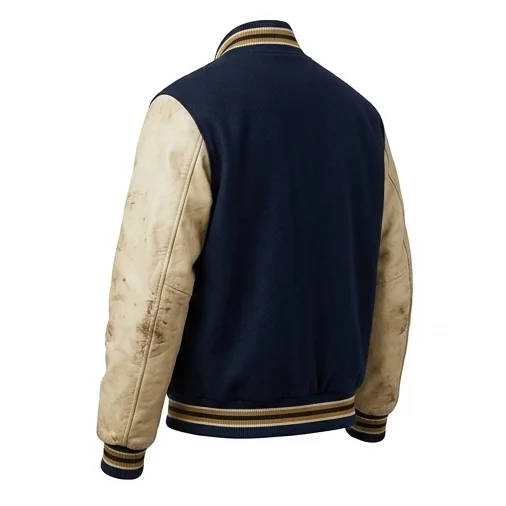 Women's Vintage Navy Blue & Distressed Cream Leather Varsity Jacket - Image 5