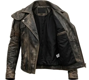 Men's Distressed Brown Leather Wasteland Rider Jacket with Shoulder Armor - Image 6