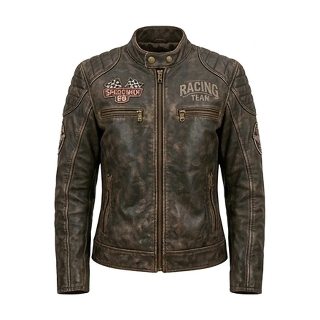 Men's Retro Racing Distressed Brown Leather Jacket - Image 2