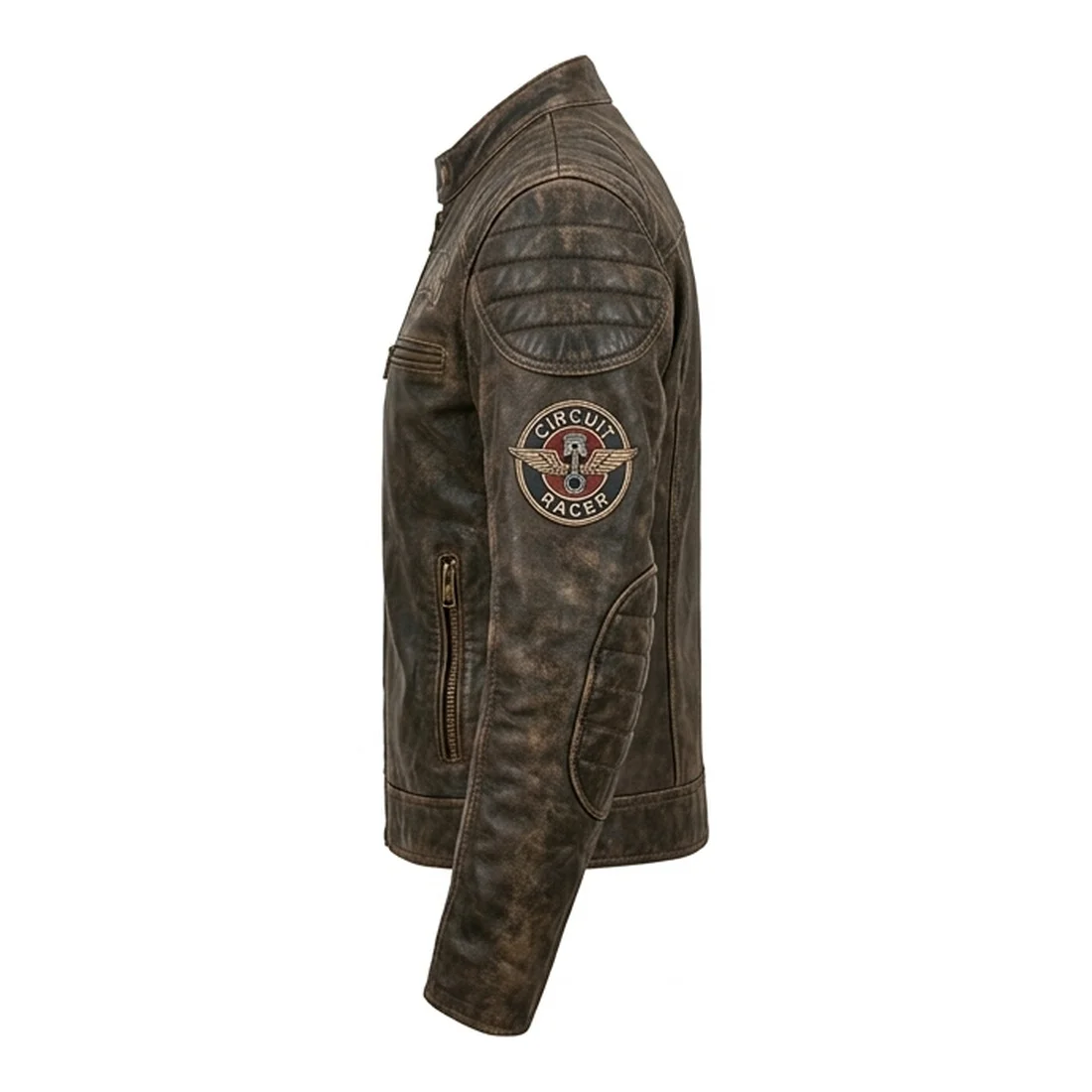 Men's Retro Racing Distressed Brown Leather Jacket - Image 4