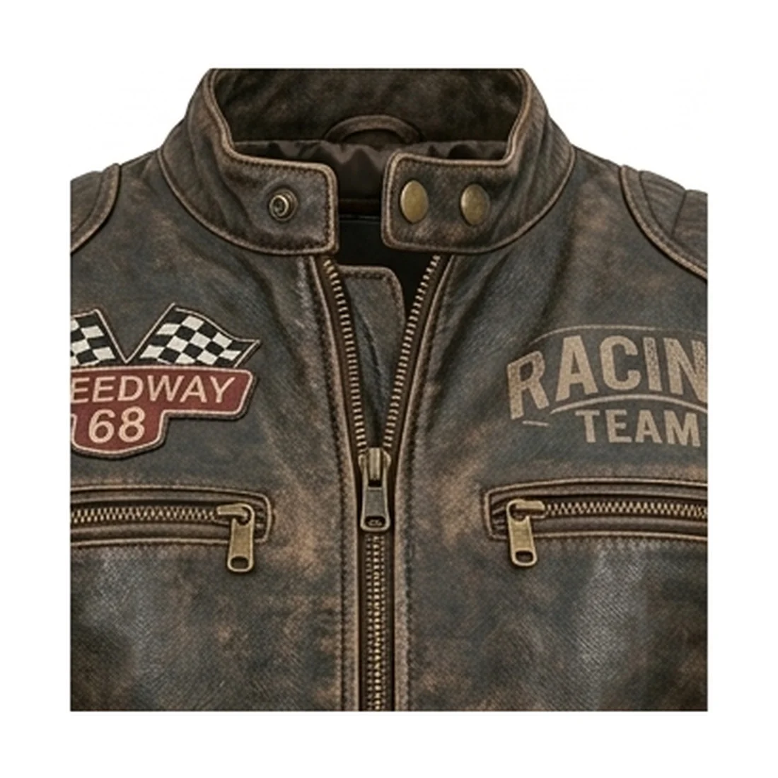 Men's Retro Racing Distressed Brown Leather Jacket - Image 5