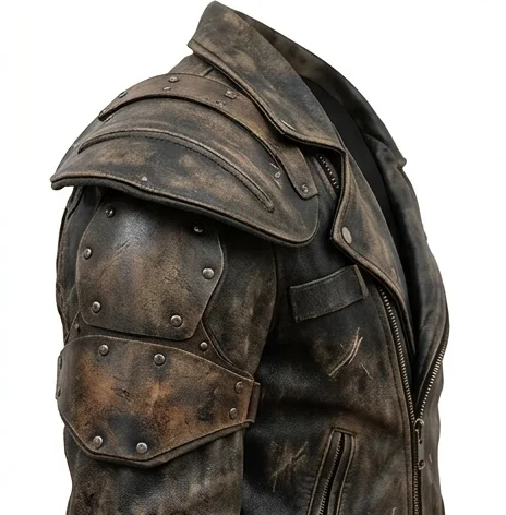 Men's Distressed Brown Leather Wasteland Rider Jacket with Shoulder Armor - Image 4
