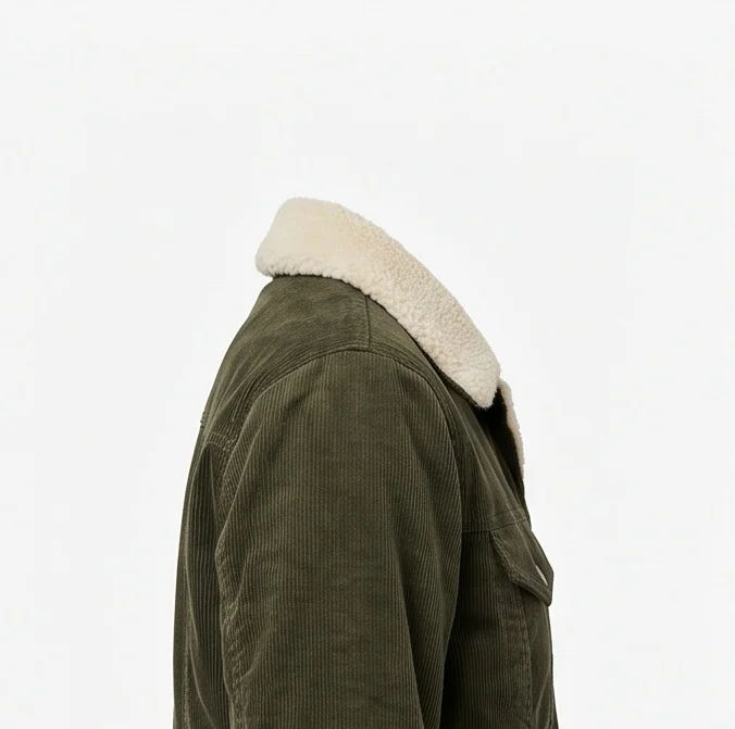 Women’s Olive Green Corduroy Shearling Trucker Jacket - Image 5