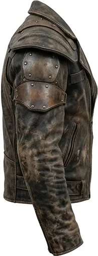 Men's Distressed Brown Leather Wasteland Rider Jacket with Shoulder Armor - Image 5