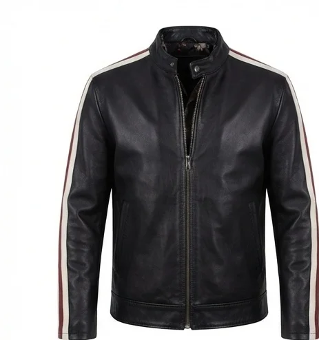 Men's Tyler Durden-Inspired Black Leather Jacket with Sleeve Stripes - Image 2