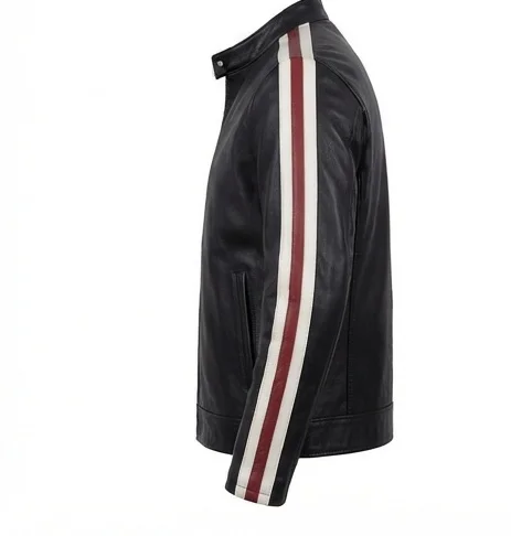 Men's Tyler Durden-Inspired Black Leather Jacket with Sleeve Stripes - Image 5