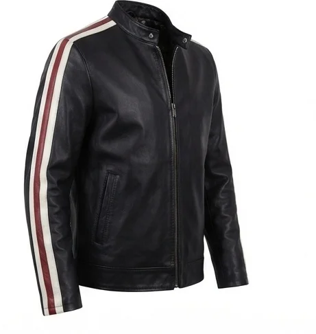 Men's Tyler Durden-Inspired Black Leather Jacket with Sleeve Stripes - Image 4
